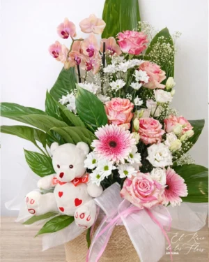 Centro mix de planta y flores frescas con peluche incluido. Medida grande 1m altura x 50cm ancho. Ideal para nacimiento.