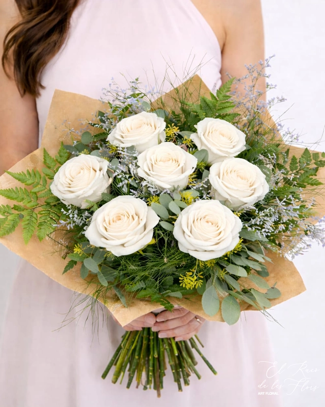 Bouquet de 6 rosas blancas acompañado de verdes y flor mini de relleno. Medida aproximada 30cm diámetro