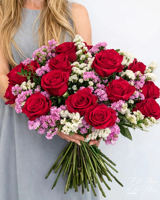 Ramo de 20 rosas rojas de 70cm calidad superior acompañadas por statice blanco y statice rosa. Tamaño 55cm aproximadamente de diámetro.