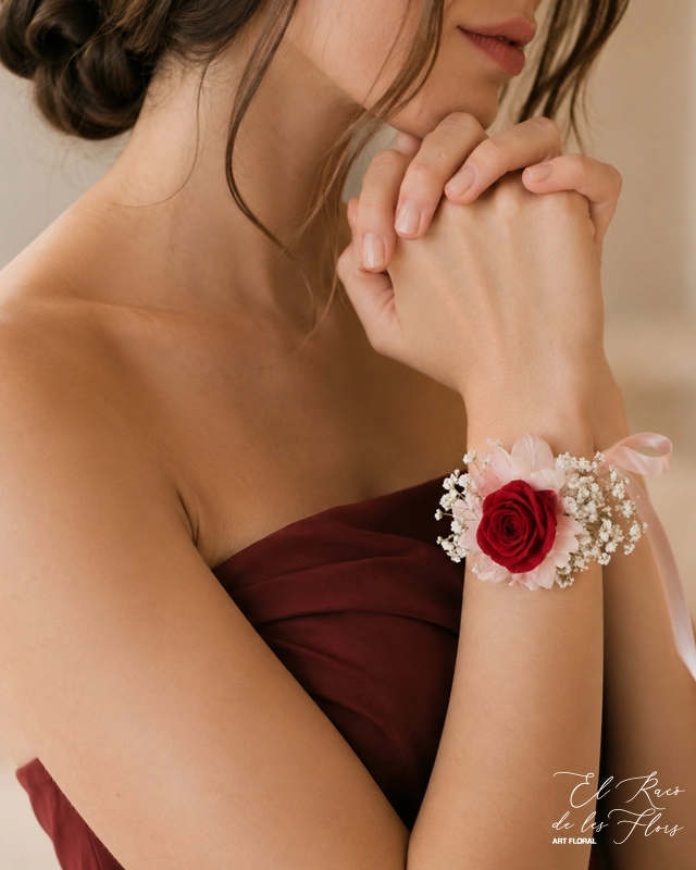 Pulsera frontal elaborada con una rosa roja, hortensia rosa claro y panículata crema. Todo preservado. Ideal para damas de honor. Medidas aprox del trabajo floral 10cm x 3,5cm