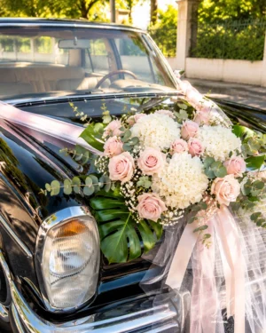 Centro para el capó del coche. Centro elaborado con rosas y hortensias, con variedad de verdes y panículata. Acompañado de tul. Medida del centro aproximadamente 50cm x 25cm