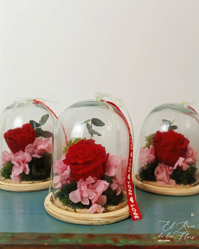 Love cúpula, cúpula pequeña de cristal decorada con una rosa roja preservada. Todo el material utilizado es preservado. Medidas aprox 18cm altura X 14cm precio total 32€