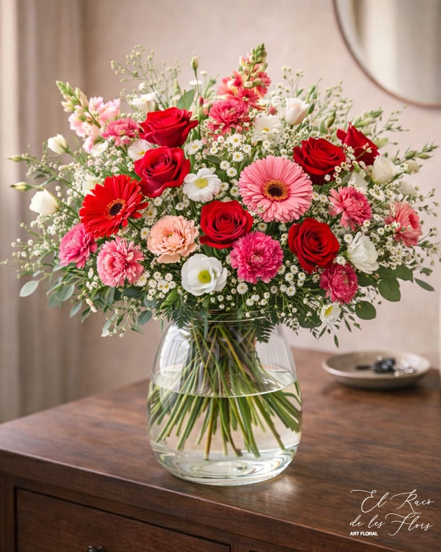 Ramo de florista tonos rojo y rosa