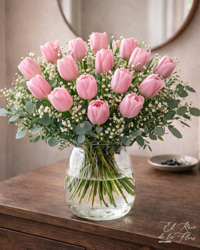 Kelly, ramo de 12 tulipanes rosa acompañado de Limonium lila y statice malva.