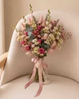 Bouquet en forma triángulo invertido elaborado en flores secas y preservadas, en tonos rosa, cereza y rosa claro. Medidas aprox 23cm de diámetro. Materiales utilizados Rosita mini, laugurus, delphinium, margarita Margare, lavanda y eucalipto preservado.