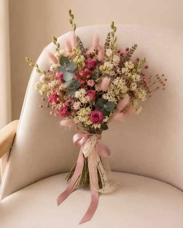Bouquet en forma triángulo invertido elaborado en flores secas y preservadas, en tonos rosa, cereza y rosa claro. Medidas aprox 23cm de diámetro. Materiales utilizados Rosita mini, laugurus, delphinium, margarita Margare, lavanda y eucalipto preservado.