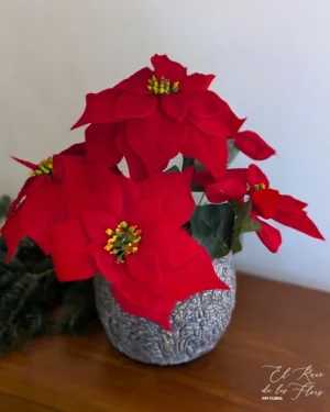 Ponsetia artificial con base de cerámica decorativa. Precio 19,90€ Medidas 30cm altura x 35cm diámetro flores x 14cm diámetro base