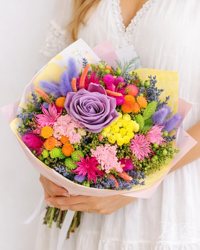 Bouquet flores secas color mix y rosa lila preservada