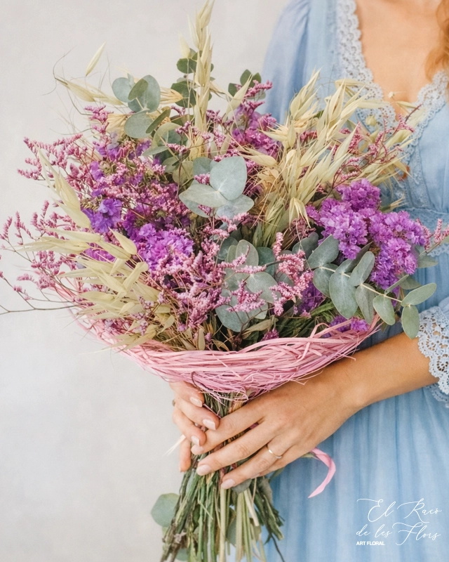 Ramo de flores secas en tonos rosa acabado con una estructura nido. Materiales utilizados limonium rosa, statice fucsia, avena salvaje, eucalipto natural seco.
