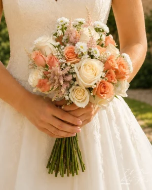 Ramo de novia estilo bouquet clásico agrupado, sin verdes entremedio. En tonos blanco, crema, rosa pálido y naranja -salmon. Materiales utilizados: Aster, rosa pitiminí, rosa, panículata, astilbe.